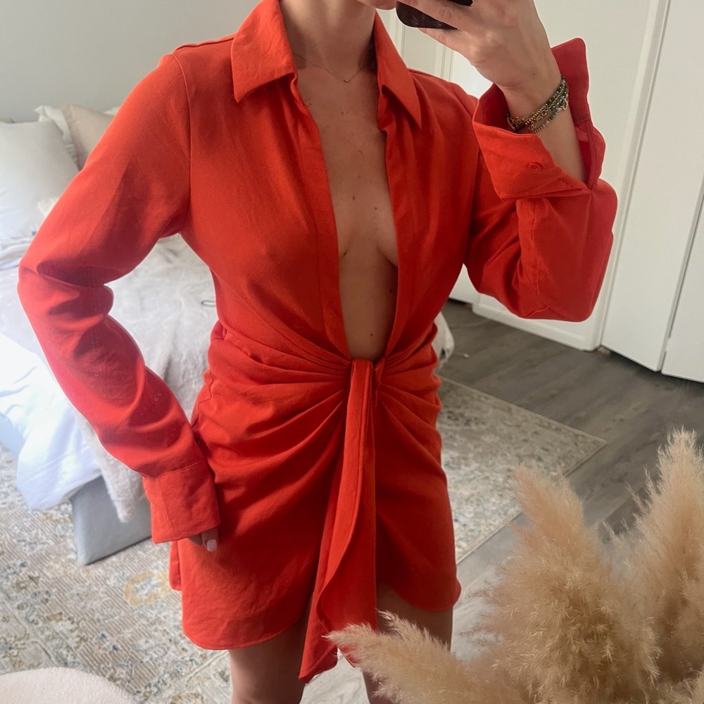 Noughts & kisses red orange tie front mini dress with plunge neckline